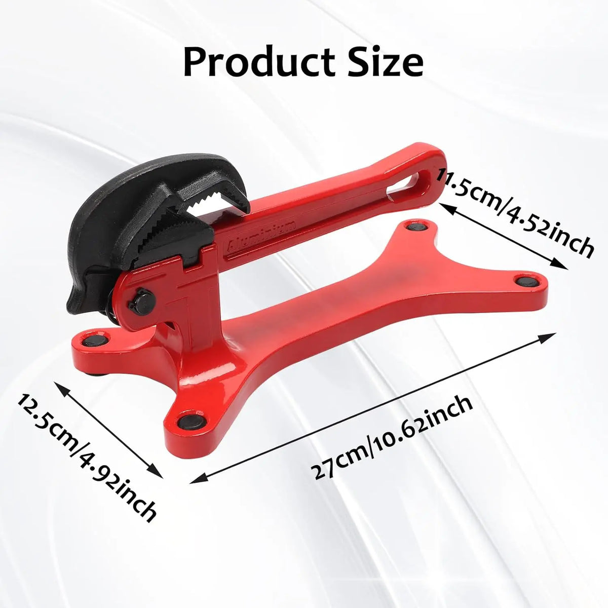 A red portable pipe vise tool with a black jaw is shown, displaying its dimensions.