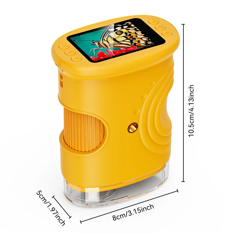 A yellow digital handheld microscope for kids with a magnifying lens and display.