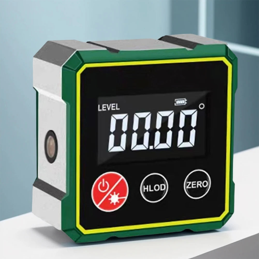 A green and gray digital angle finder device displaying the level 0.00 degrees.
