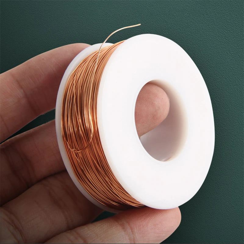 A hand holds a roll of high-conductivity bare copper wire with a white plastic core.