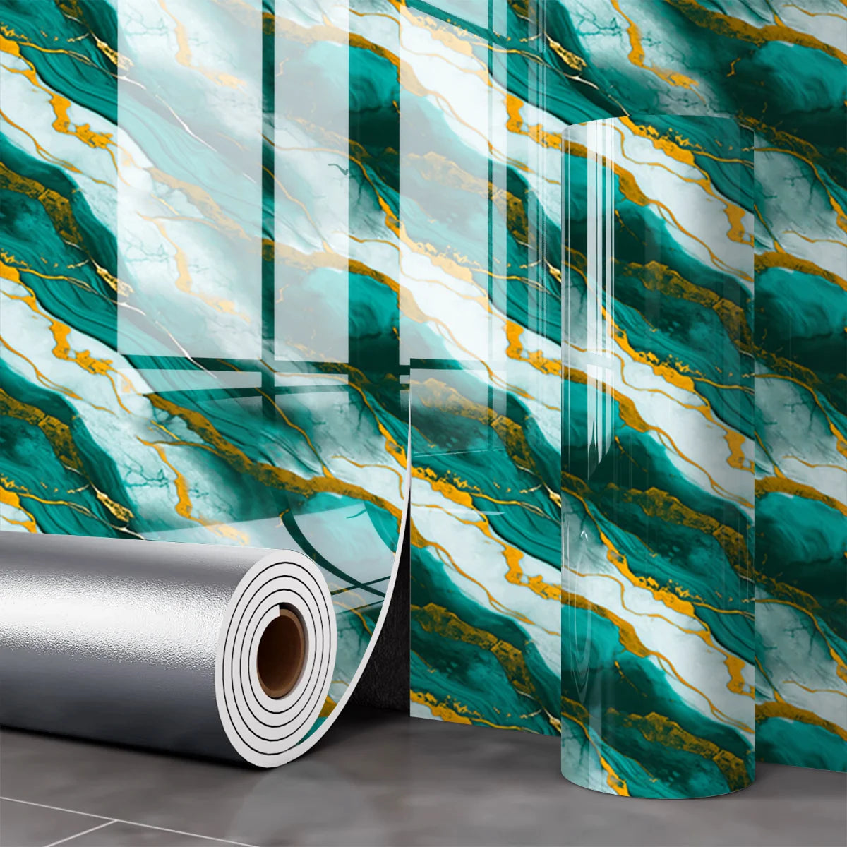 Autocollants muraux effet marbre à décoller avec motifs marbrés vert sarcelle et or