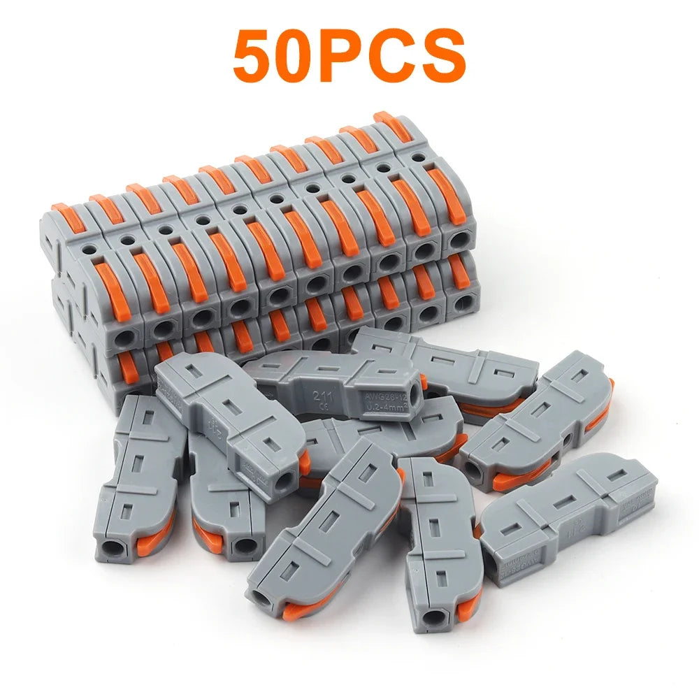 A pack of 50 plastic lever wire connectors in gray and orange colors.