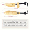 Wooden shoe stretcher for wide feet showing dimensions and usage examples.