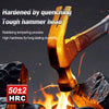 A close-up of a hammered tool being quenched in fire, showing its hardened head and durable construction.