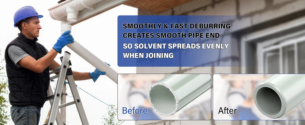 A tool is used to smoothly deburr a PVC pipe end, showing the difference before and after joining.