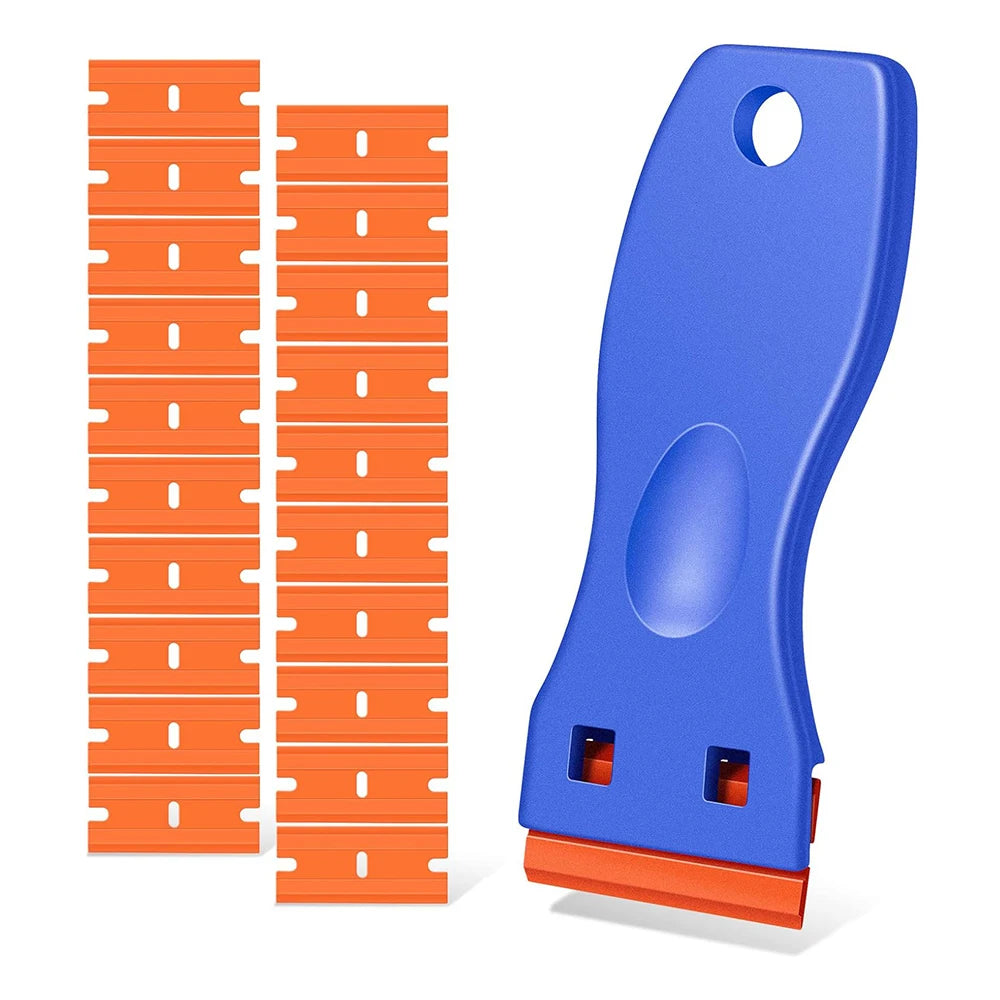 A blue multi-surface plastic razor blade scraper with an orange blade visible.