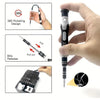 A precision screwdriver repair kit showing a rotating design, bits release mechanism, and a screwdriver tip.