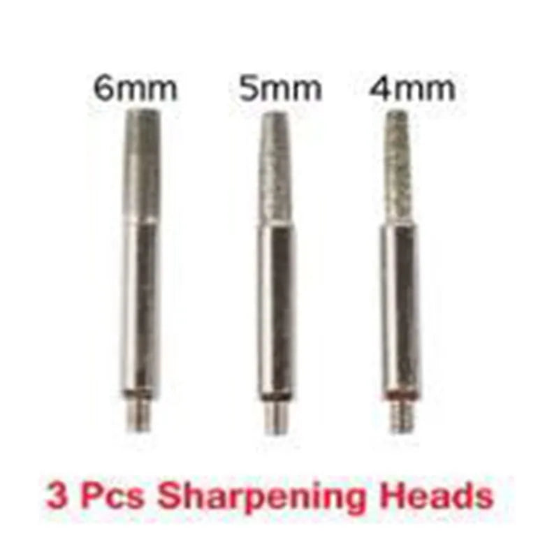 Three sharpening heads of varying sizes 6mm, 5mm, and 4mm for a precision chainsaw chain sharpening jig kit