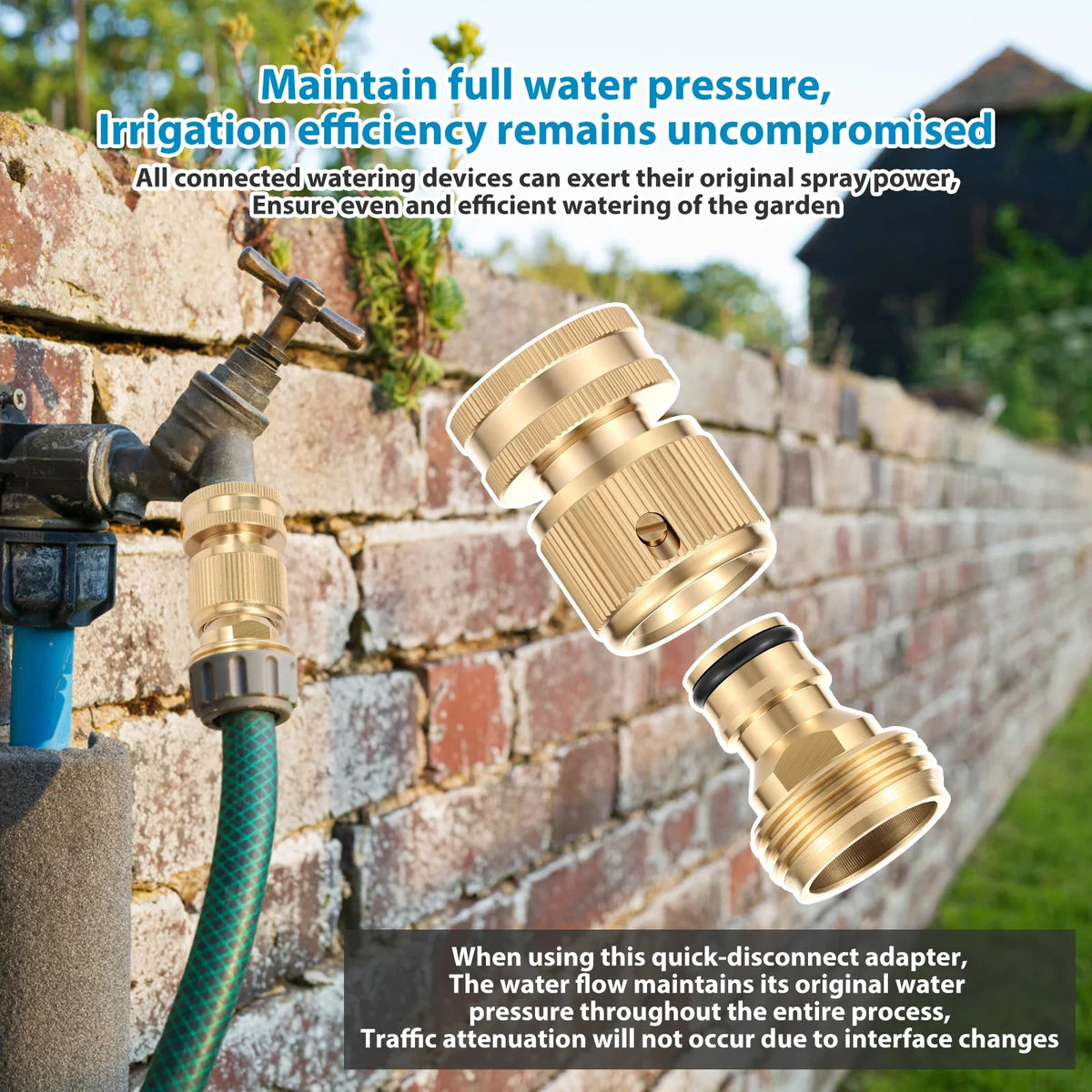 A close-up of a brass garden hose quick disconnect adapter being used to connect water devices to a brick wall.