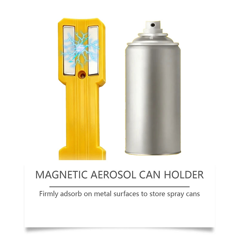 A yellow magnetic aerosol can holder with a clear insert and a silver cylindrical storage container.