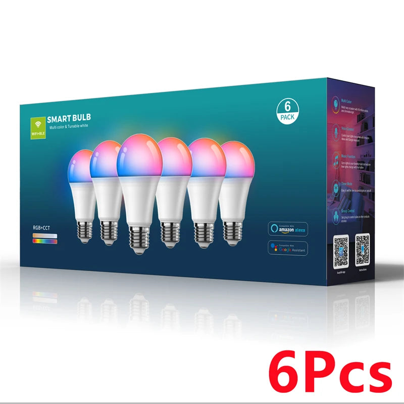 A box containing six multicolor smart LED bulbs with a pack label and product information.