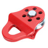 A red heavy duty winch snatch block with a silver mounting plate and handle.