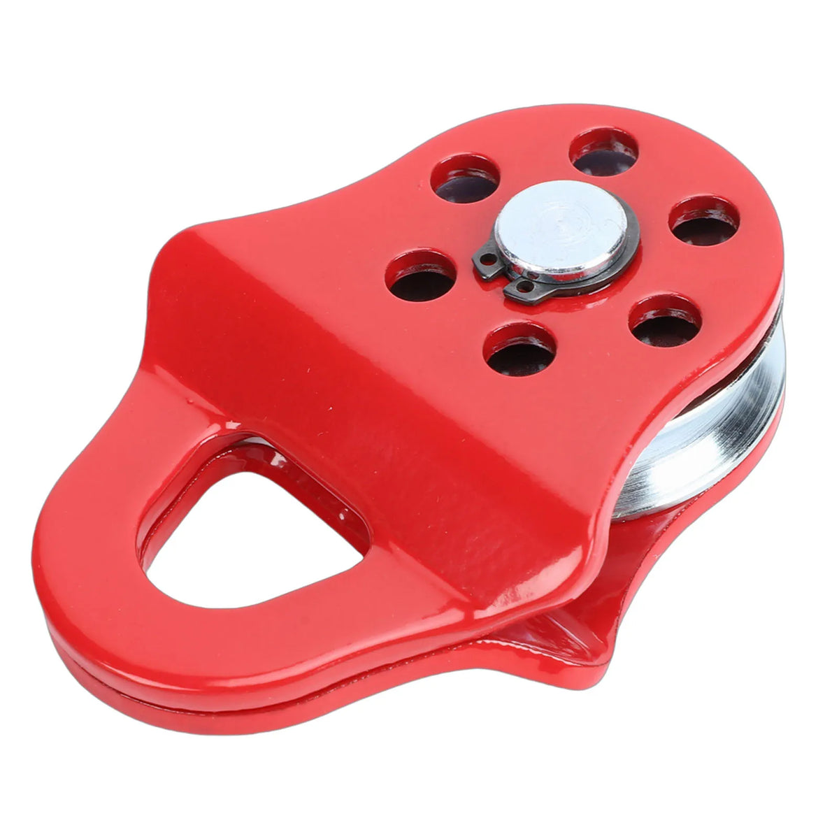 A red heavy duty winch snatch block with a silver mounting plate and handle.