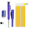 A set of twelve yellow plastic pencils with refills in a clear container and a purple pencil holder.