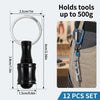A set of 12 screwdriver bit holders with carabiners shown next to a tool pouch.