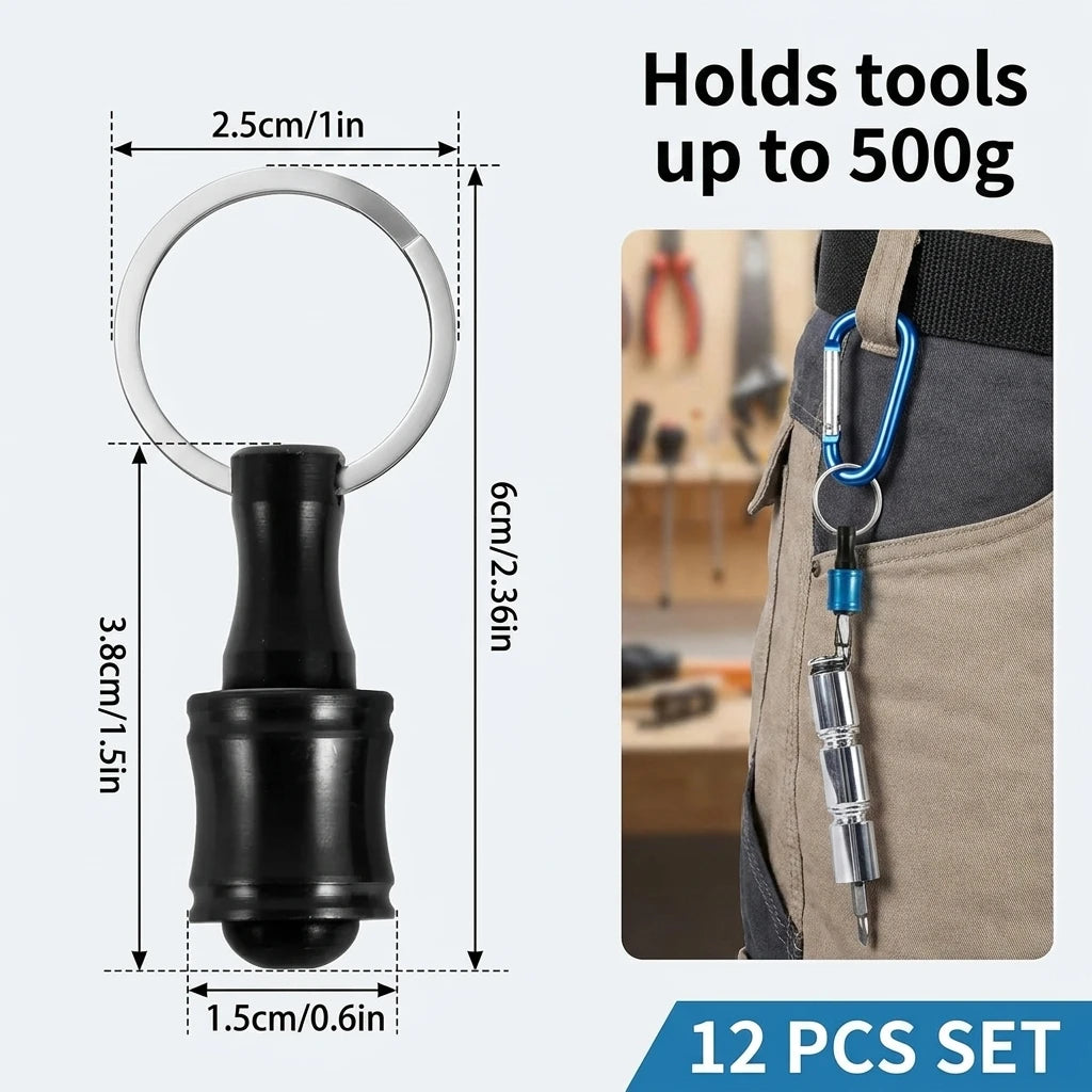 A set of 12 screwdriver bit holders with carabiners shown next to a tool bag.