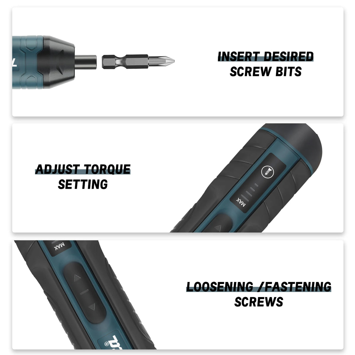 A precision cordless electric screwdriver set showing insert screw bits, torque setting adjustment, and loosening/fastening s