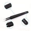 A black ESD-14 precision stainless steel tweezers set shown with various components.