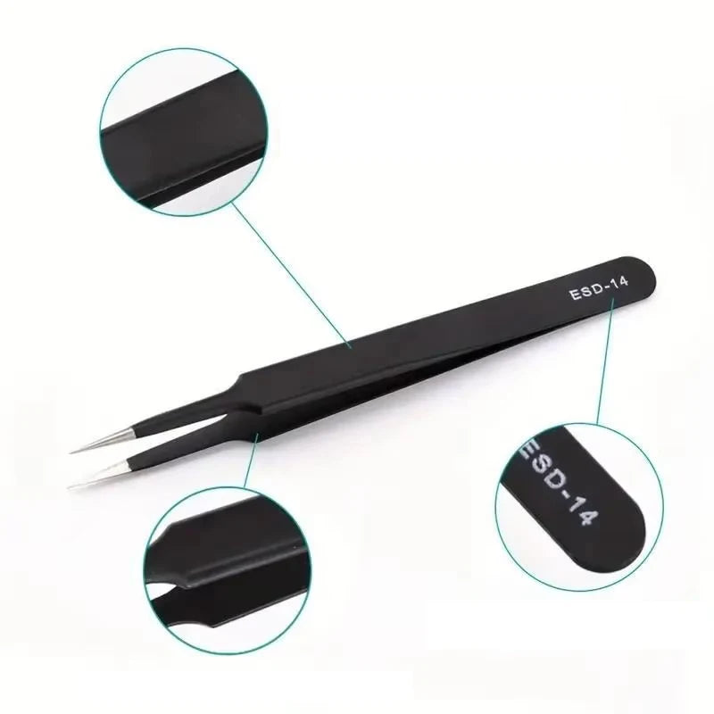 A black ESD-14 precision stainless steel tweezers set shown with various components.