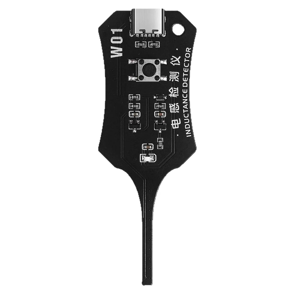 A black non-contact fault detection tool with a pointed tip and an electronic module for detecting faults in mobile phone mot