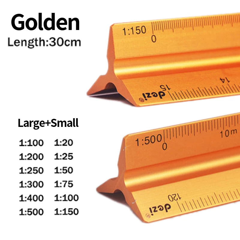 Golden precision triangular scale ruler showing various magnification ratios from 1:150 to 1:1500