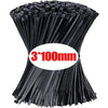 Un paquete de ataduras de nylon ajustables negras, tamaño 3x100mm, vista desde arriba.