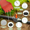 A red hand tool is shown alongside various landscape staples, including a head for insertion, a smooth flat head, and hot gal