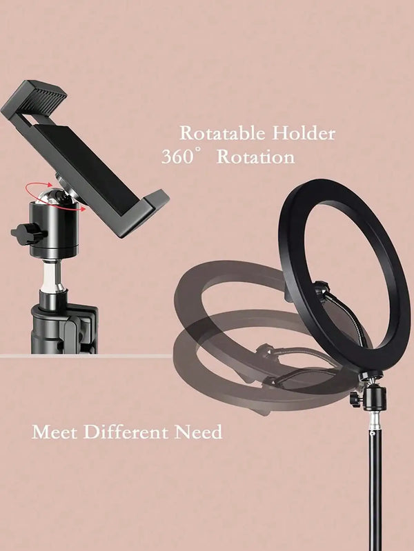 Black portable tripod with a rotating holder and ring light accessory for photography or video.