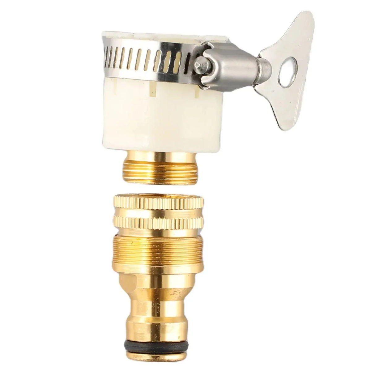 Adaptador universal de manguera de latón y plástico con conexión roscada para grifo.