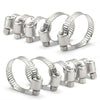 A set of stainless steel hose clips and pipe clamps in various sizes arranged for display.