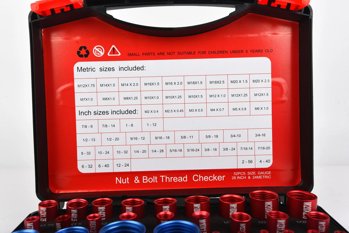A red and black tool kit for checking metric and imperial thread sizes, including various nut and bolt threads.