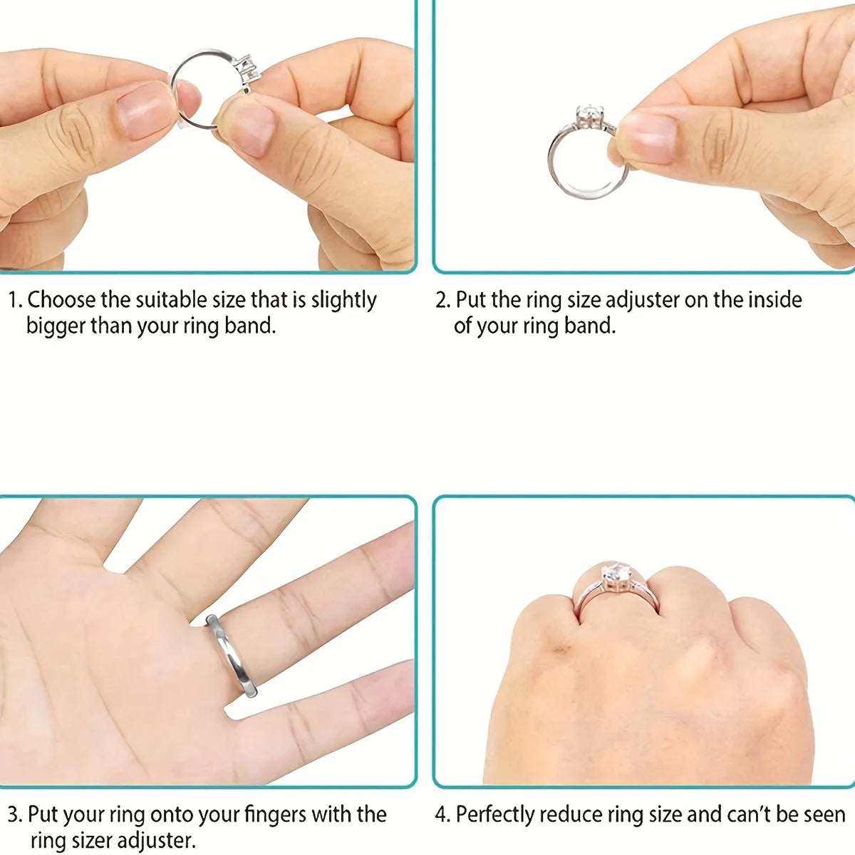 Instructions showing how to use an invisible ring sizer kit to adjust the size of a ring.