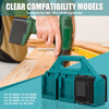 A teal battery storage organizer designed for Makita tools, shown next to a hand holding a power tool.