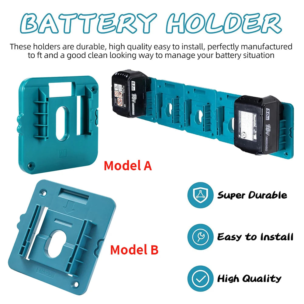 Three battery holders Model A and Model B in teal color shown with durability and installation features