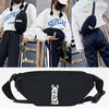 Black linen crossbody waist bag featuring a white silhouette of a dog wearing sunglasses