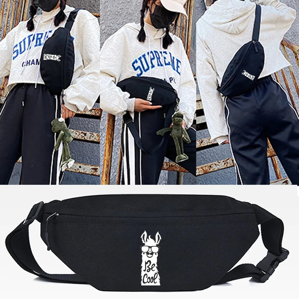 Black linen crossbody waist bag featuring a white silhouette of a dog wearing sunglasses