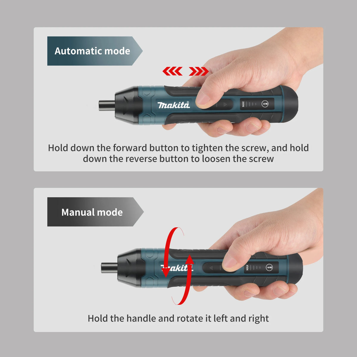 Demonstration of automatic and manual modes for a Makita cordless electric screwdriver set.