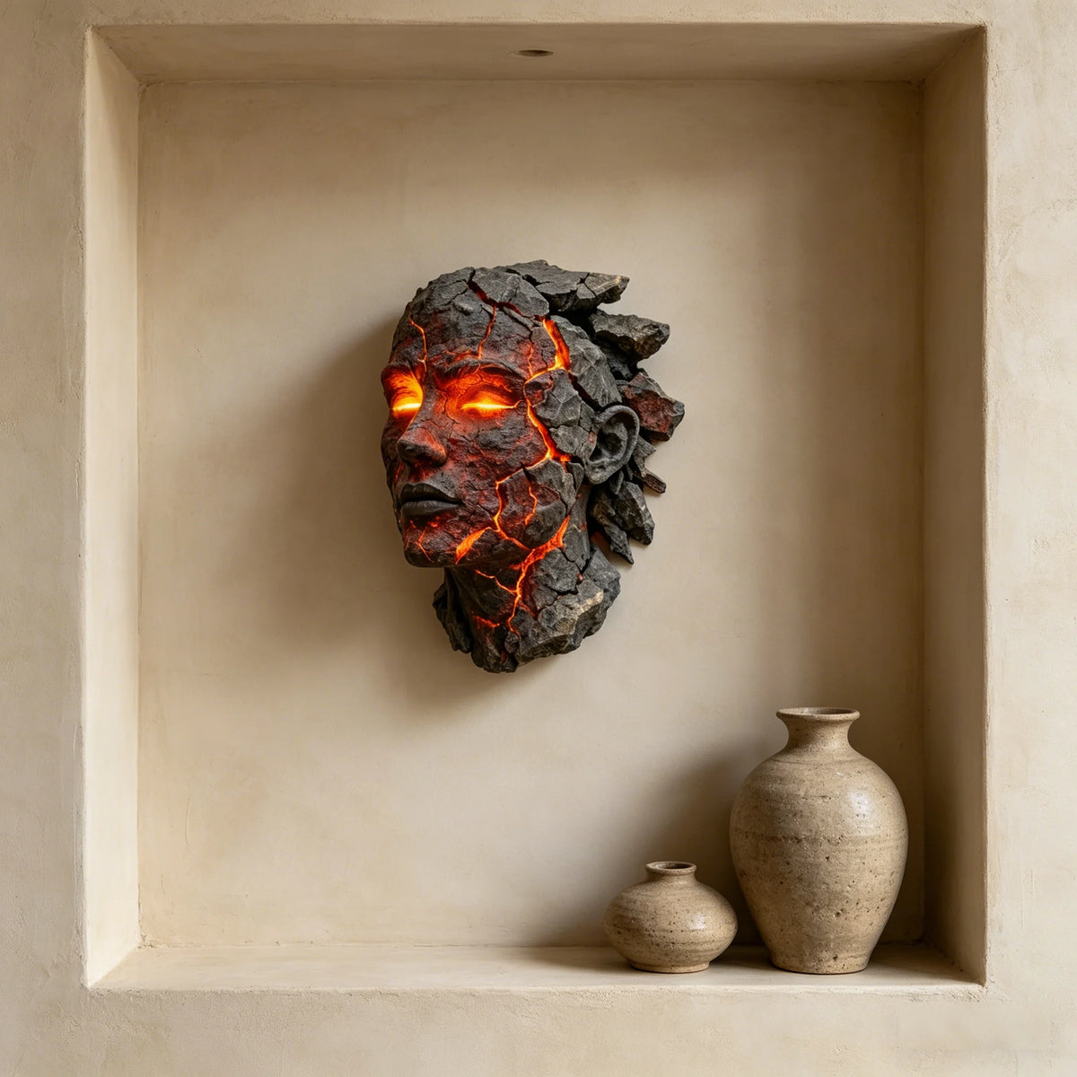 A dark, cracked resin sculpture resembling a face is mounted on a light-colored wall.
