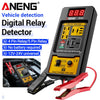 A black digital relay detector device with an LCD display and test probes is shown next to a car electrical system.