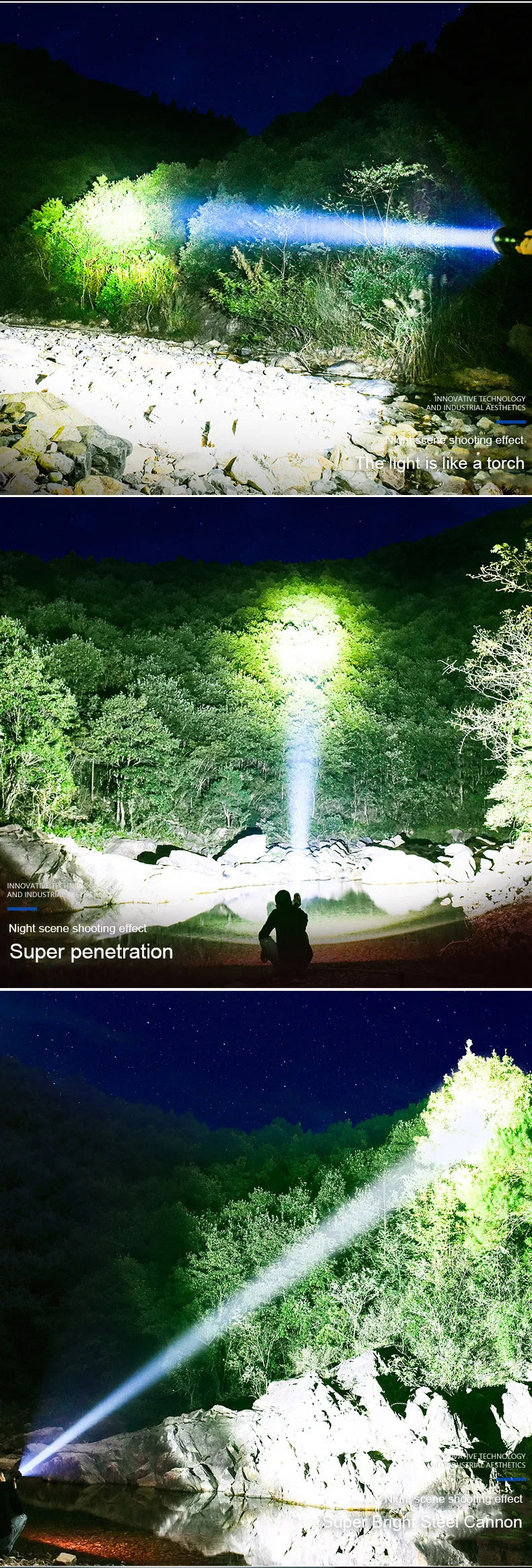 A portable LED flashlight with a zoom function shining a bright beam into the night.