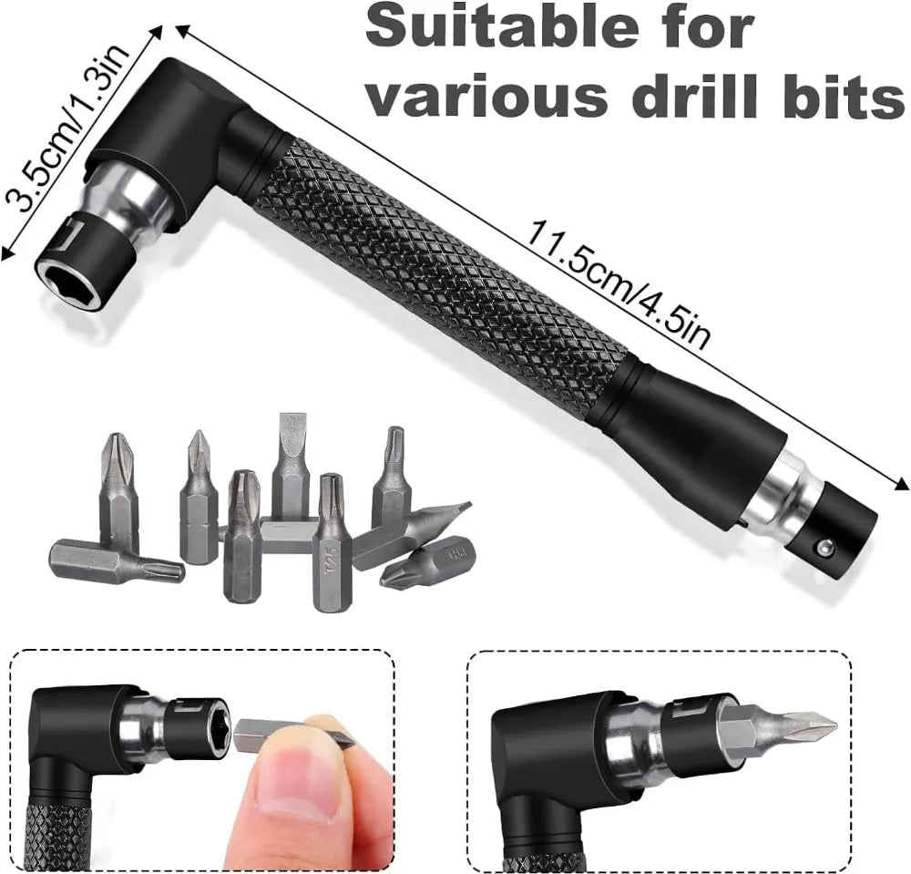 A black drill bit extension kit with a textured handle and various drill bits shown alongside usage examples.