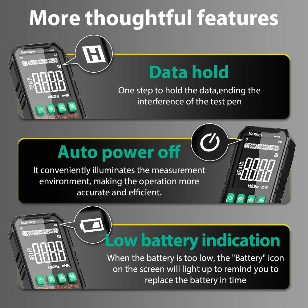 Features of a professional digital multimeter including data hold, auto power off, and low battery indication.