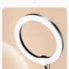 A white ring light fixture is shown against a light background, demonstrating multi-stage light source adjustment features.