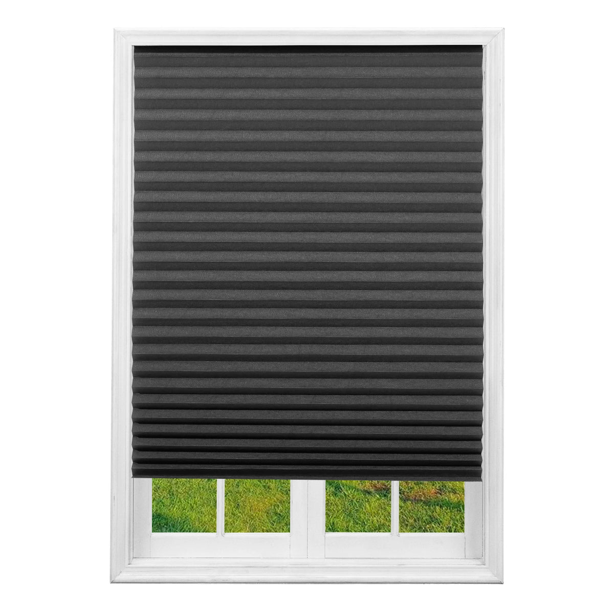 A close-up view of a dark gray pleated window blind installed in a white window frame.