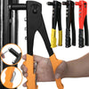 A set of heavy duty hand rivet guns in black and orange, showing the tools and an orange grip on a hand.