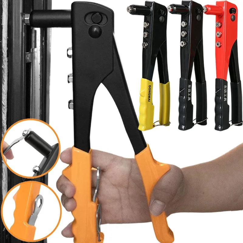 A set of heavy duty hand rivet guns in black and orange, showing the tools and an orange grip on a hand.