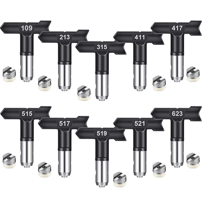 A collection of 20 spray nozzles for paint guns, including various sizes and types.