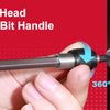 A hand is holding a screwdriver bit handle, demonstrating the 360-degree interchangeable head feature.