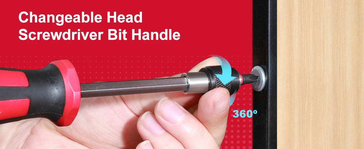 A hand is holding a screwdriver bit handle, demonstrating the 360-degree interchangeable head feature.
