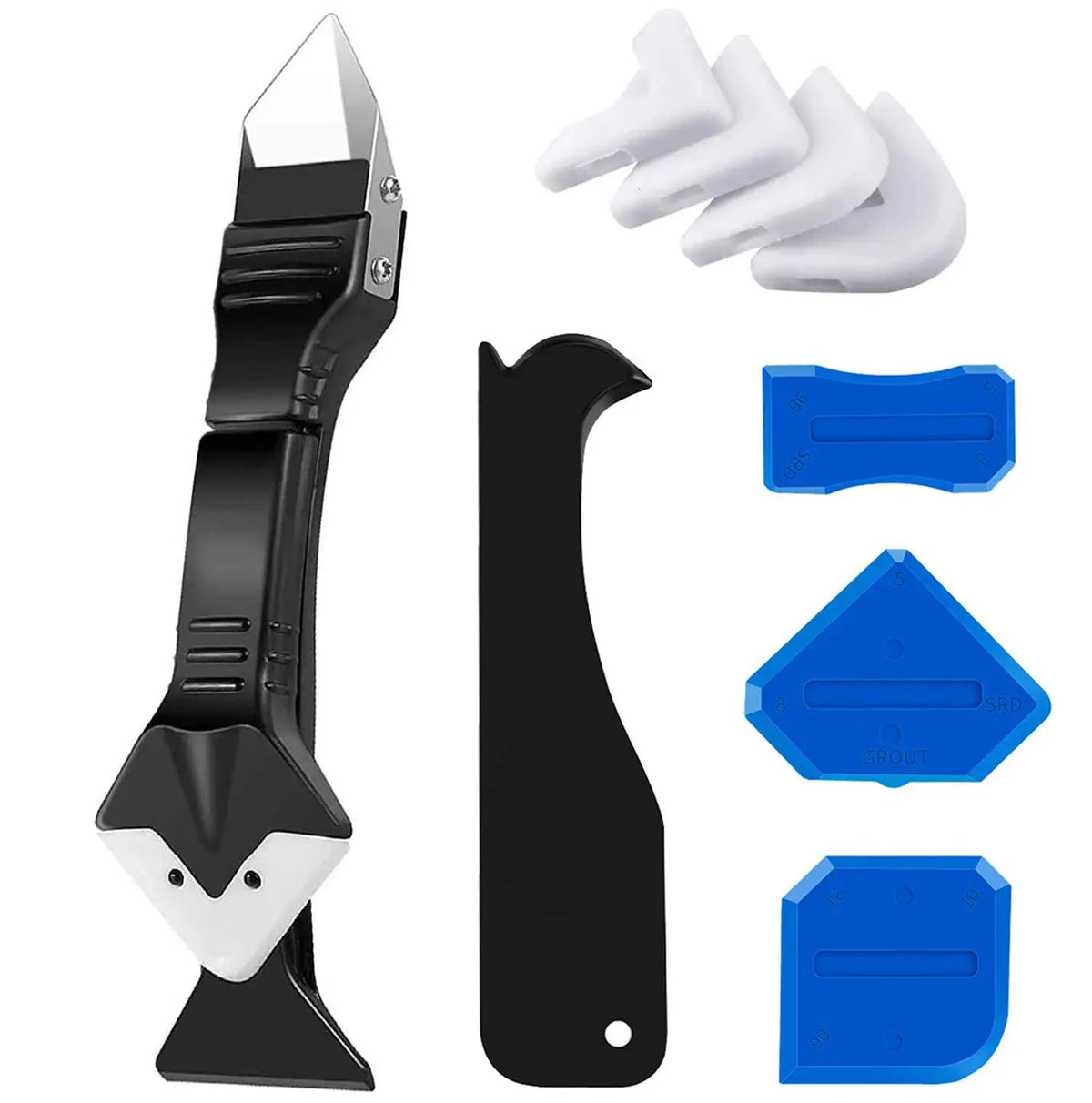 A black silicone caulk removal tool kit with multiple tips and a white plastic body.